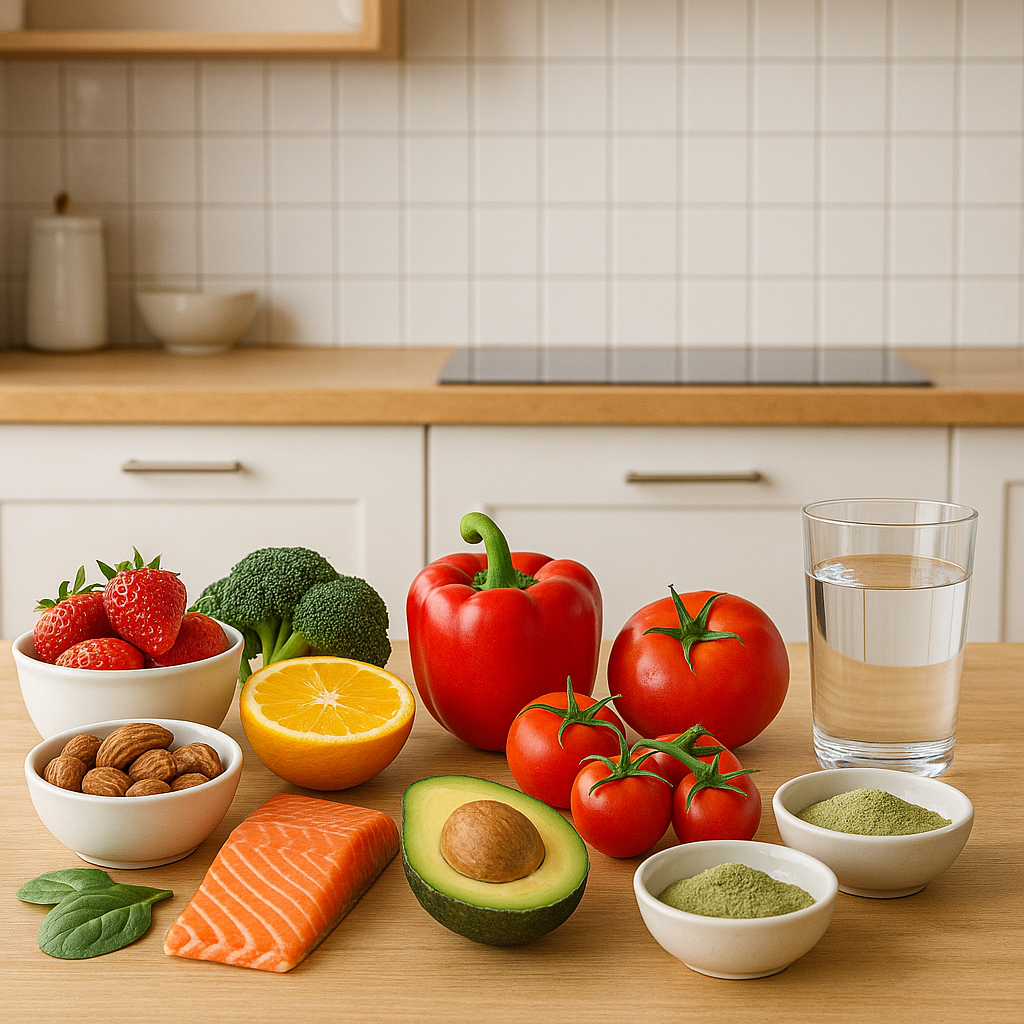 Frisches Obst, Gemüse und Superfood-Pulver auf einem Küchentisch mit Glas Wasser – natürliche Nährstoffquelle für Gesundheit und Energie.