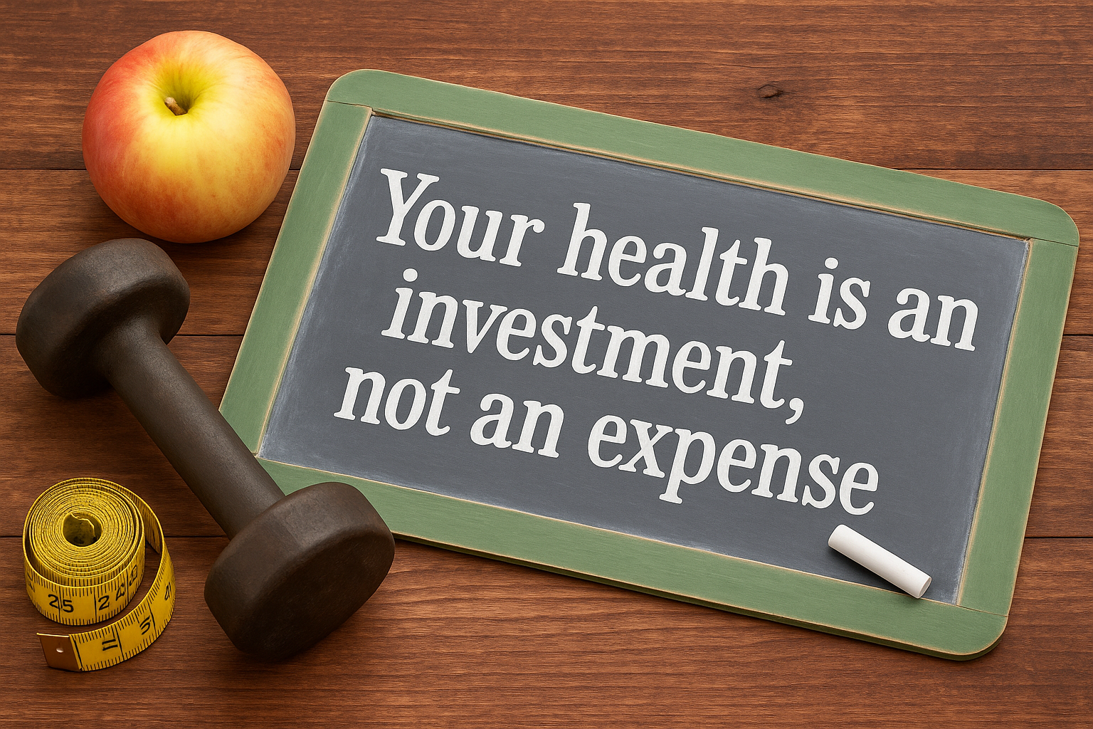 Gesundheit ist eine Investition – Motivation für einen gesunden Lebensstil Tafel mit der Aufschrift „Your health is an investment, not an expense“ neben Apfel, Hantel und Maßband auf Holztisch – Symbol für gesundheitsbewussten Lebensstil.
