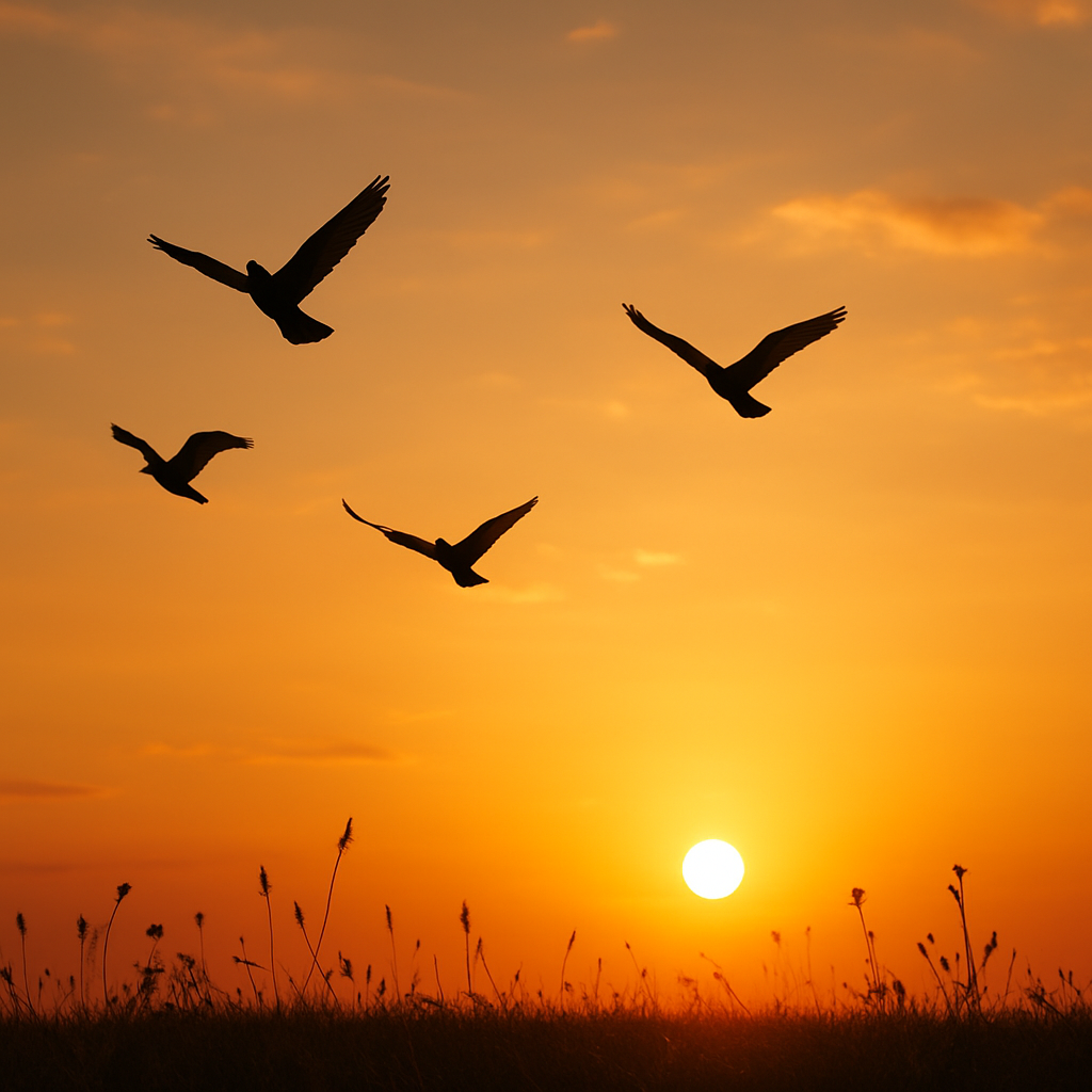 Sonnenuntergang mit fliegenden Vögeln über einer Wiese – Symbol für Freiheit, Gesundheit und natürliche Lebensweise