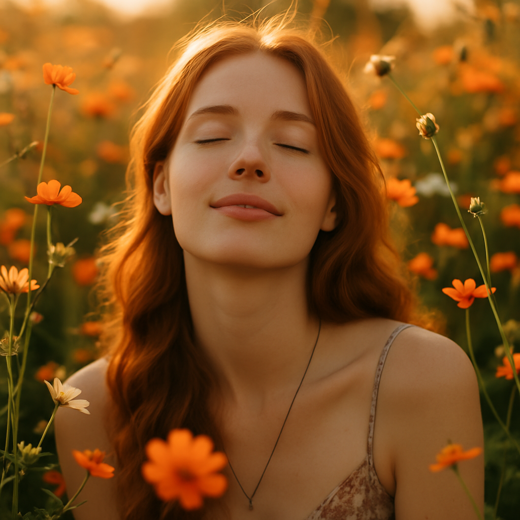 Strahlende Frau im Sonnenuntergang, umgeben von Blumen – Symbol für natürliche Vitalität, Lebensfreude und Lifeplus Gesundheit.