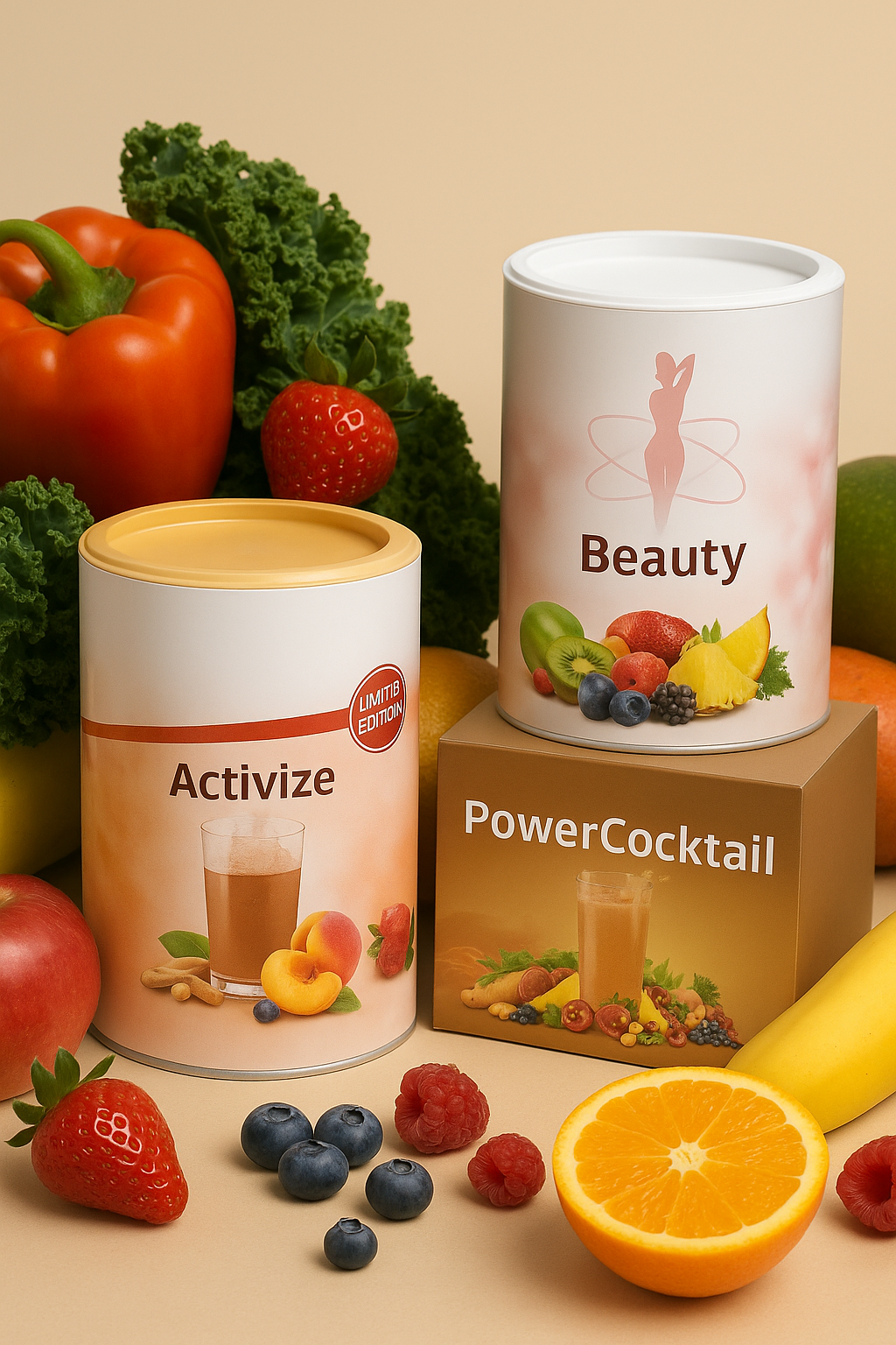 FitLine-Produkte Activize, PowerCocktail und Beauty umgeben von frischem Obst und Gemüse – modernes Gesundheitsbild in natürlicher Umgebung