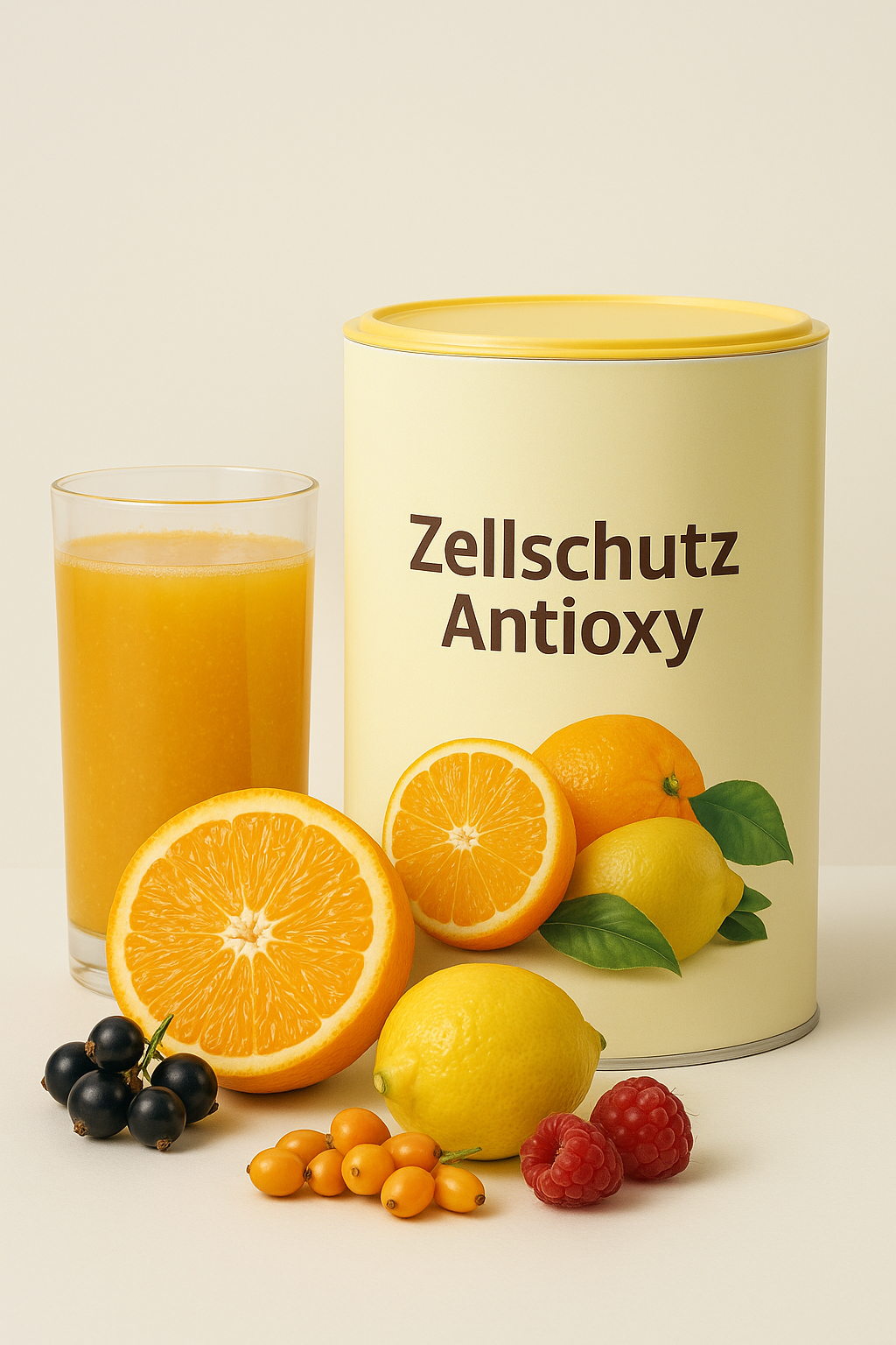 FitLine Zellschutz Antioxy Dose mit Glas, Orangen, Zitronen, Sanddorn und Beeren – Vitamin C und Zellschutz visualisiert