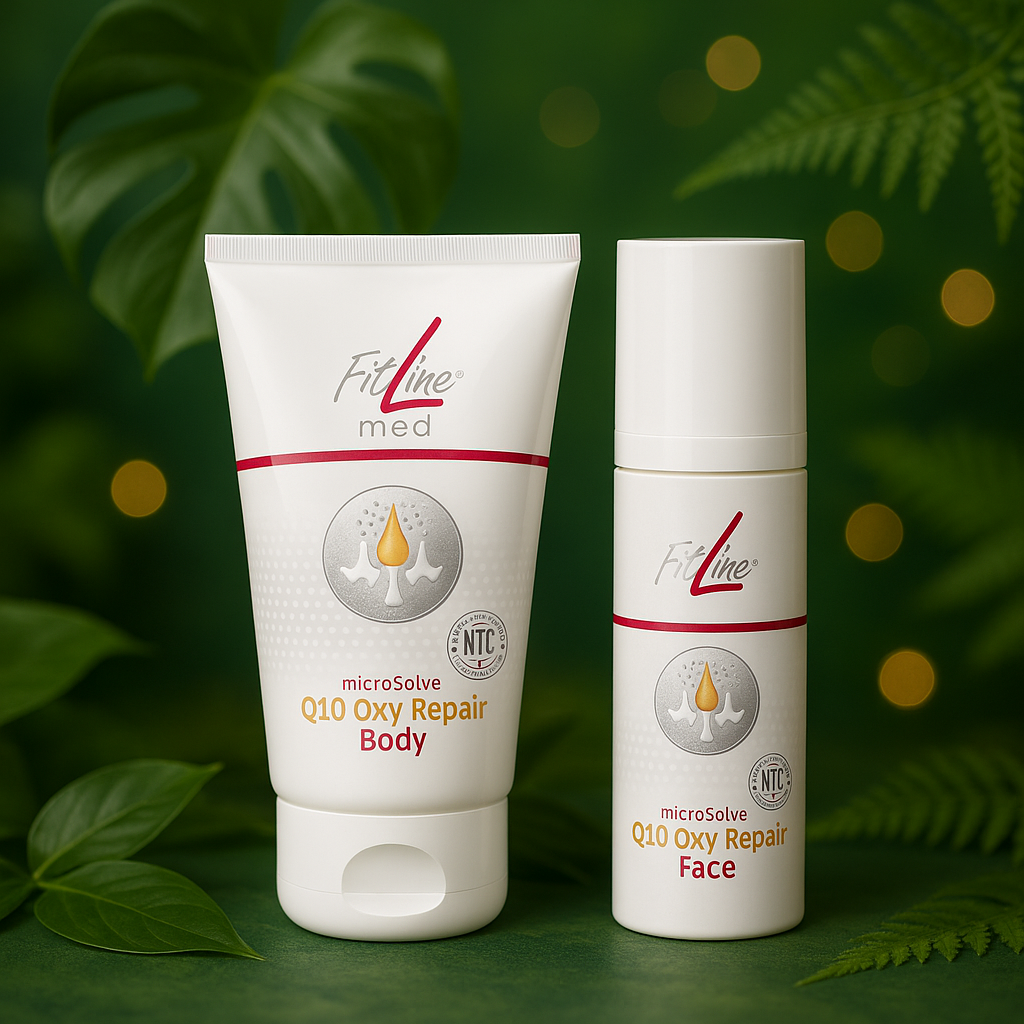 FitLine med Q10 Oxy Repair Face und Body – regenerierende Pflegeprodukte mit Q10 und microSolve-Technologie auf grünem Naturhintergrund.