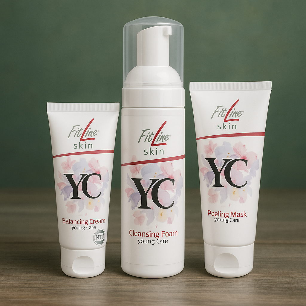 FitLine Skin Young Care Set mit Reinigungsschaum, Peelingmaske und ausgleichender Creme – sanfte Gesichtspflege für junge, empfindliche Haut