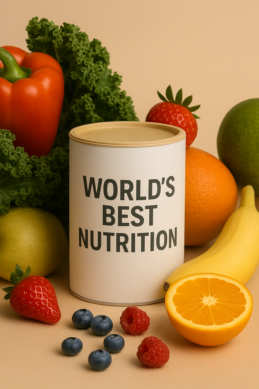 „Weiße Dose mit Aufschrift World’s Best Nutrition, umgeben von frischen Früchten und Gemüse wie Banane, Orange, Erdbeeren, Blaubeeren und Paprika – Symbol für gesunde Ernährung und hochwertige Nahrungsergänzung.“