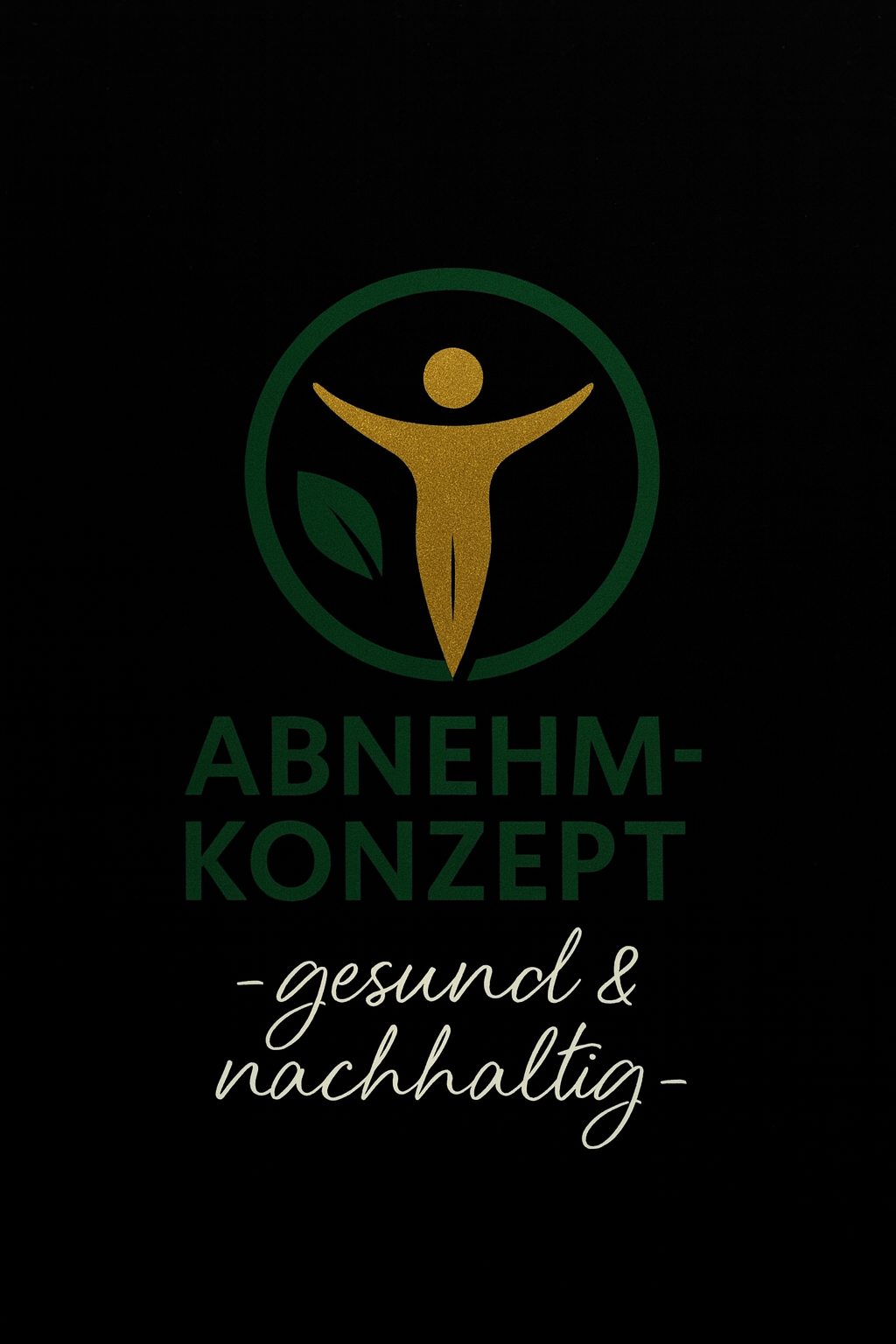 „Logo Abnehm Konzept – gesund & nachhaltig: Goldene Figur mit ausgestreckten Armen im grünen Kreis mit Blatt, Symbol für Vitalität, Gesundheit und nachhaltiges Abnehmen.“
