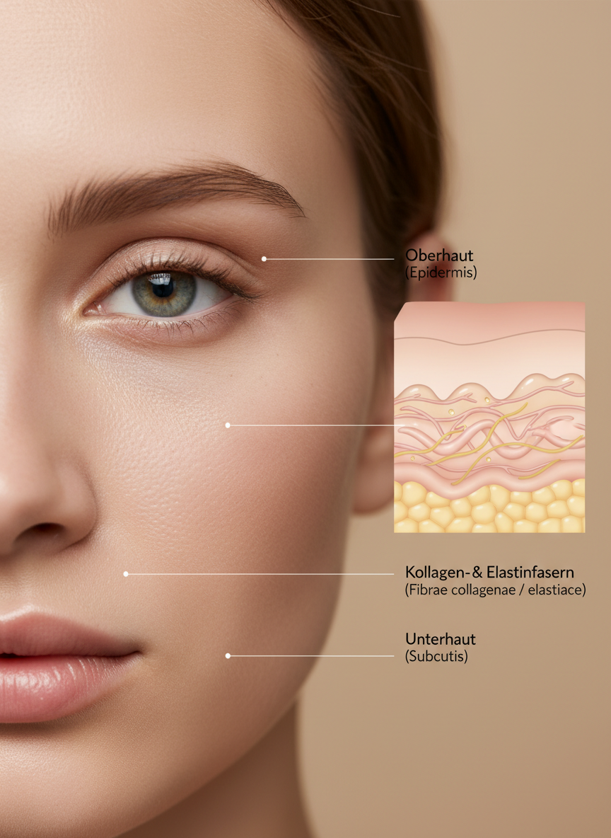 Jugendliche, glatte Augenpartie neben Skizze der Hautschichten: Oberhaut (Epidermis), Lederhaut (Dermis) mit Kollagen/Elastin und Hyaluronsäure, Unterhaut (Subcutis) – VitalFusionHub.