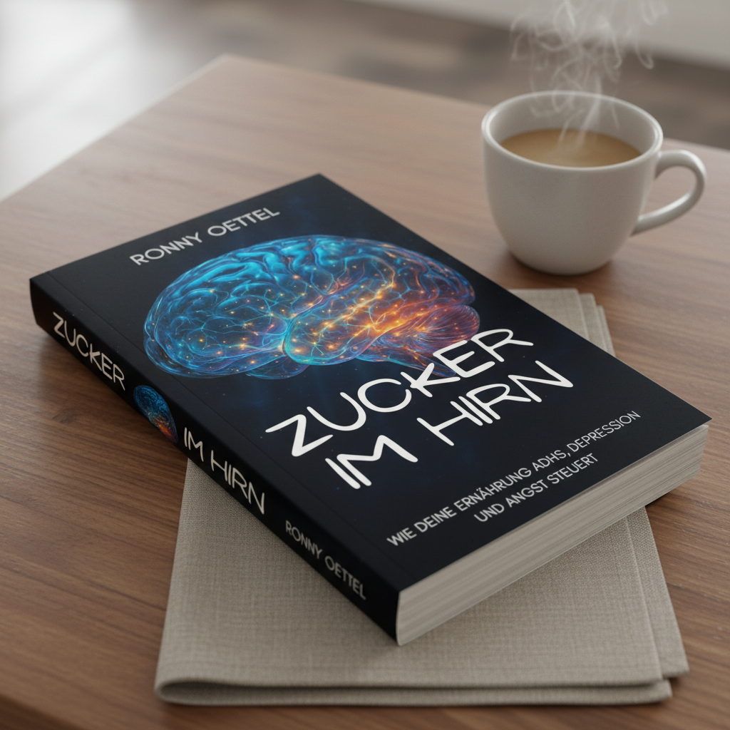 Cover des Sachbuchs „Zucker im Hirn“ von Ronny Oettel, stehend auf einem hellen Bücherregal