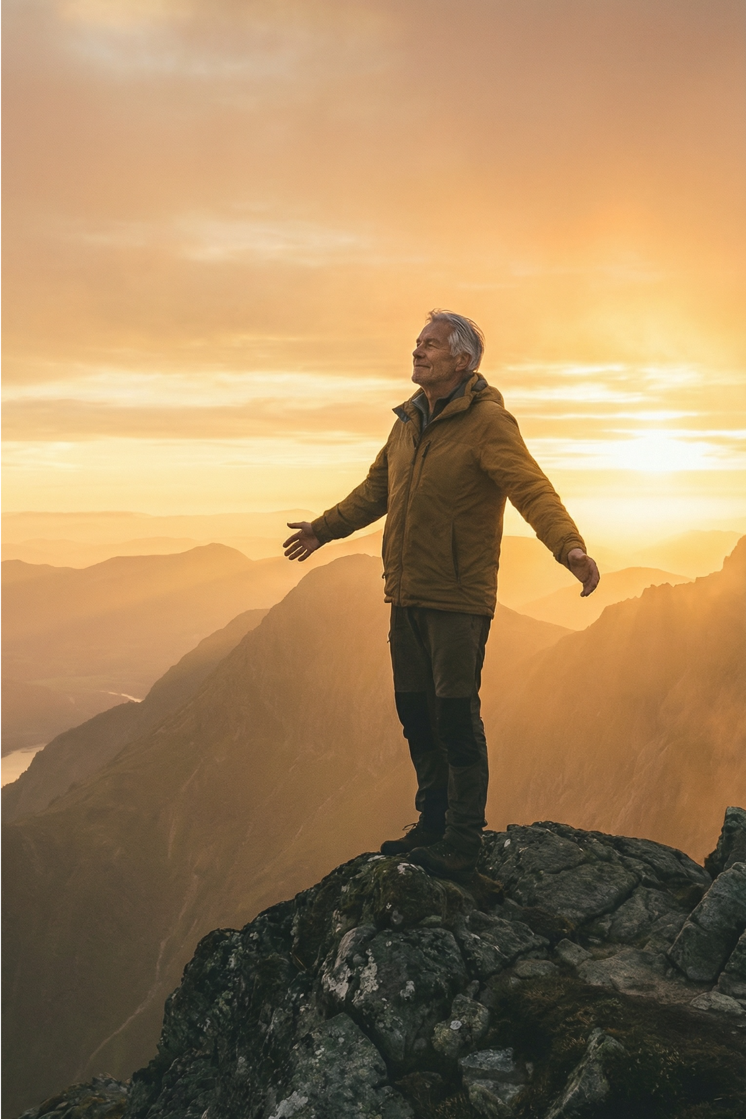 Vitaler Mann auf Berggipfel bei Sonnenaufgang – Symbol für Longevity, Gesundheit, Anti-Aging und ein langes, erfülltes Leben durch aktive Prävention