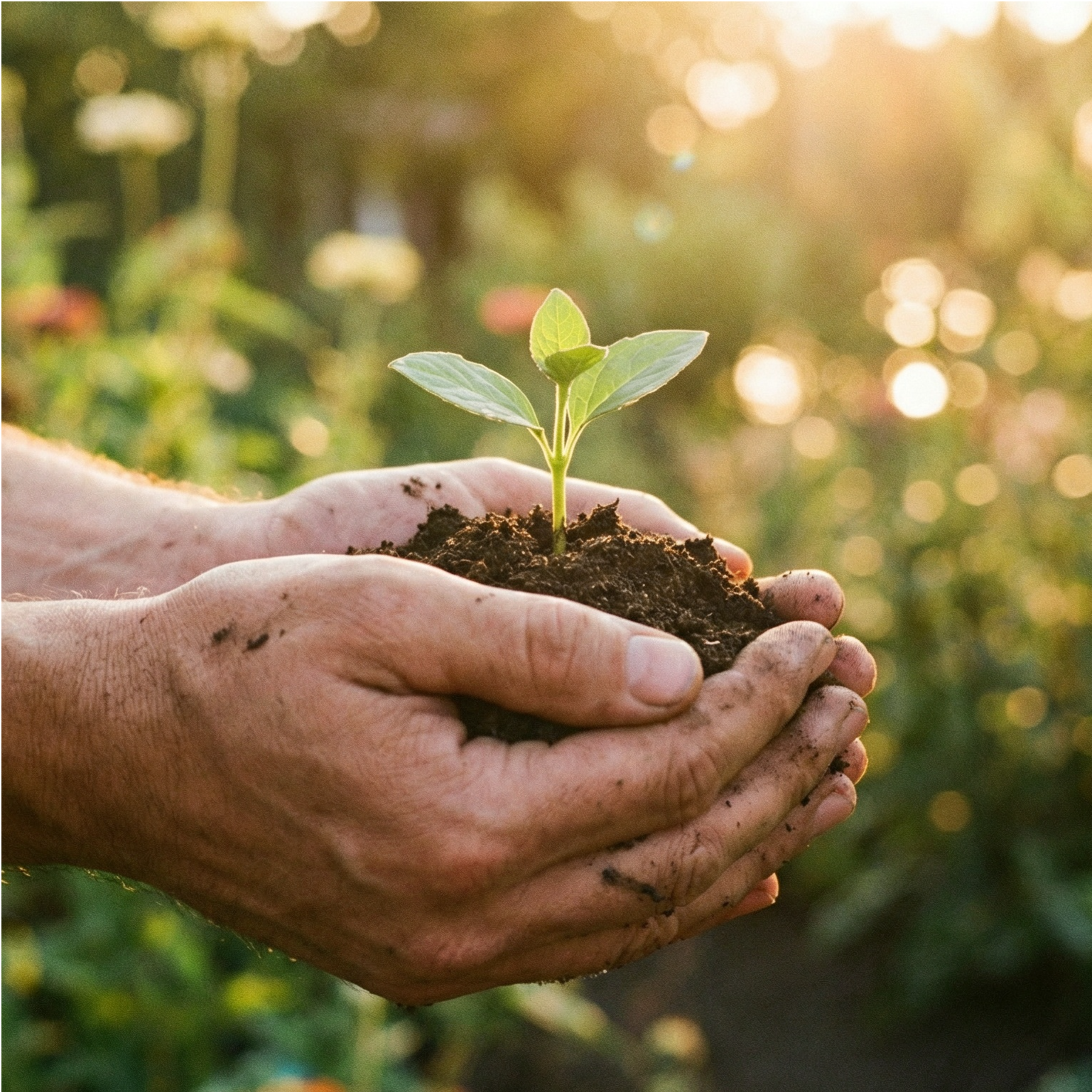 Hände halten einen grünen Keimling im Sonnenlicht – Symbol für den Start einer Longevity-Reise, Gesundheitsprävention und bewussten Lebensstil