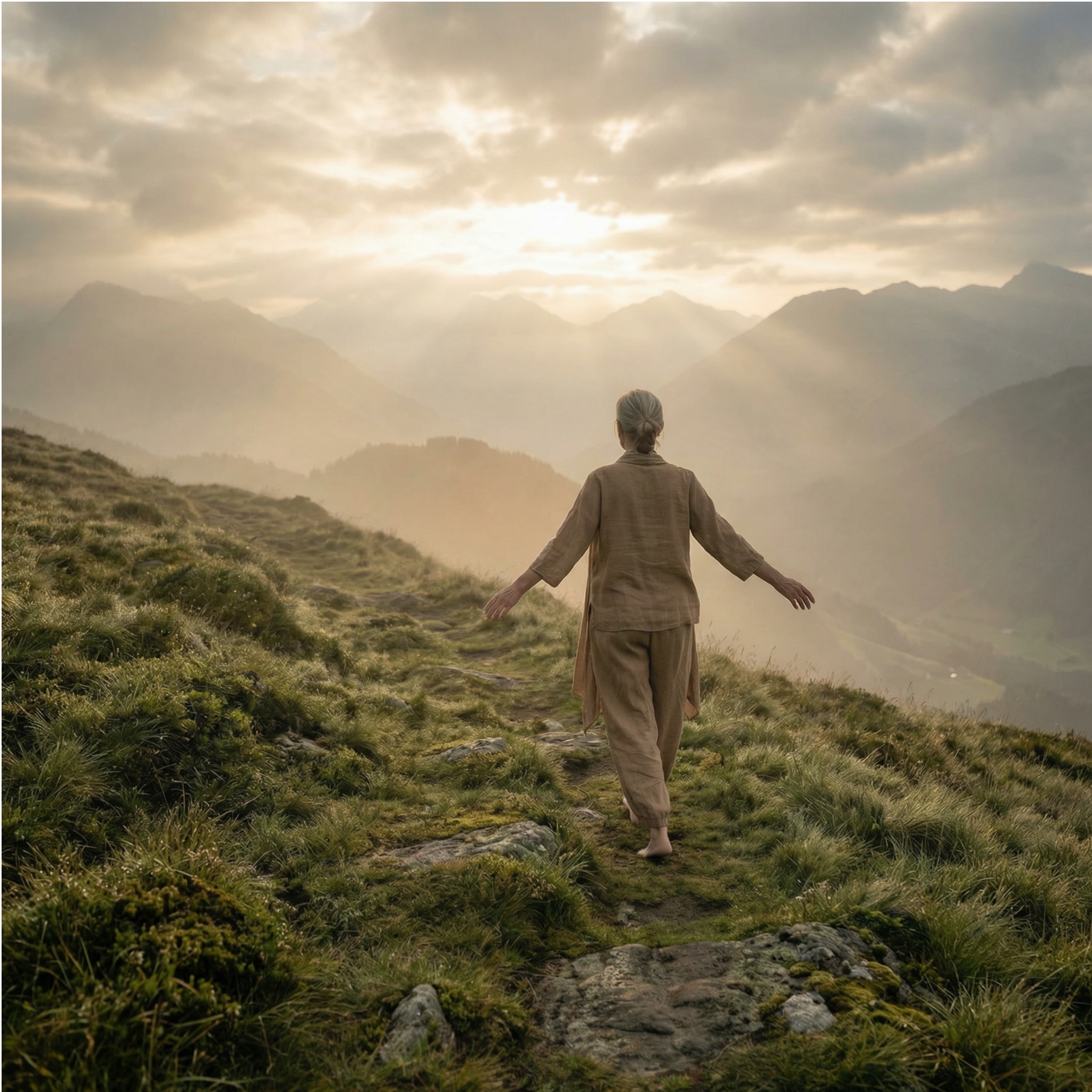 Vitale Person geht barfuß einen Bergpfad entlang bei goldenem Sonnenaufgang – Symbol für Longevity und ein erfülltes Leben