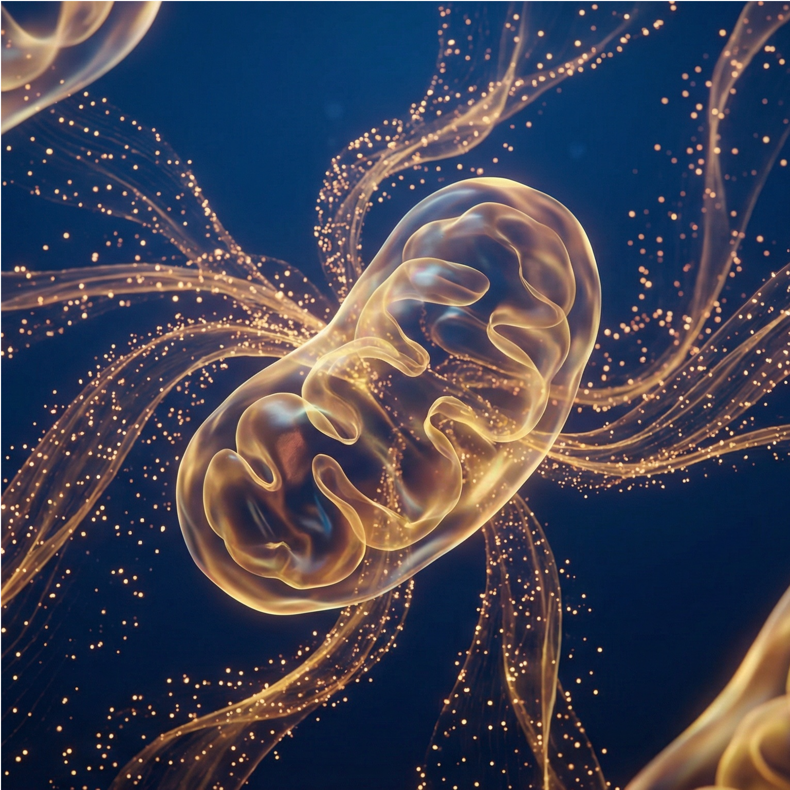 Mitochondrien Zellgesundheit Longevity – Abstrakte Darstellung der Zellkraftwerke als Grundlage für Langlebigkeit, Vitalität und Gesundheitsprävention