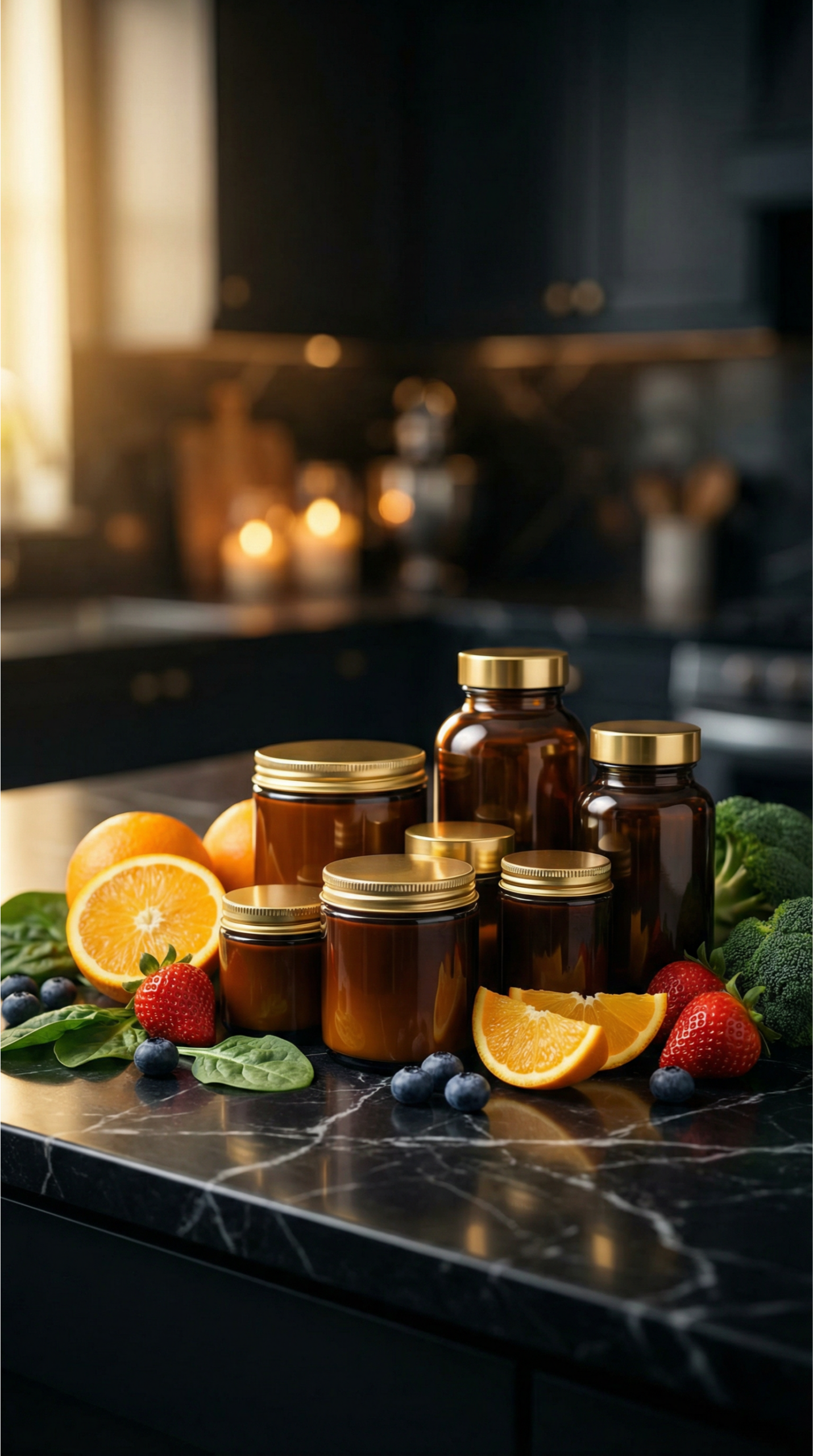 Premium Supplement-Flaschen mit Golddeckeln auf schwarzem Marmor mit frischen Früchten – tägliche Basisversorgung mit Vitaminen bei VitalFusionHub
