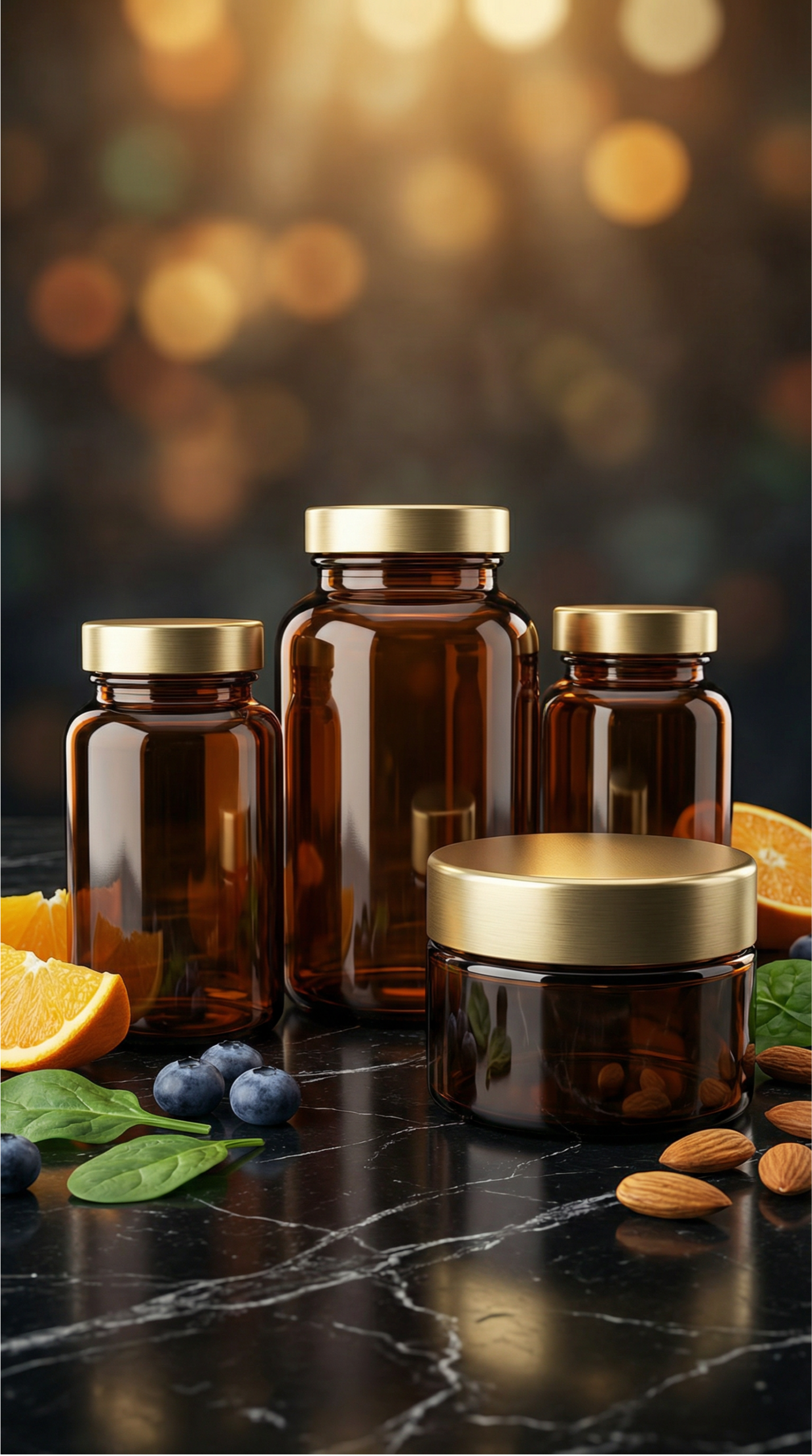 Hochwertige Supplement-Flaschen mit Golddeckeln auf schwarzem Marmor mit frischen Früchten – tägliche Nährstoffversorgung bei VitalFusionHub