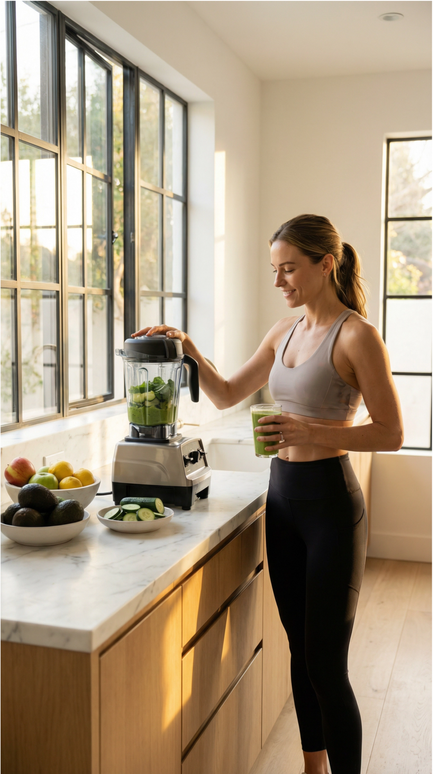 Schlanke Frau bereitet grünen Smoothie in moderner Küche zu – Stoffwechsel und Gewichtskontrolle mit VitalFusionHub