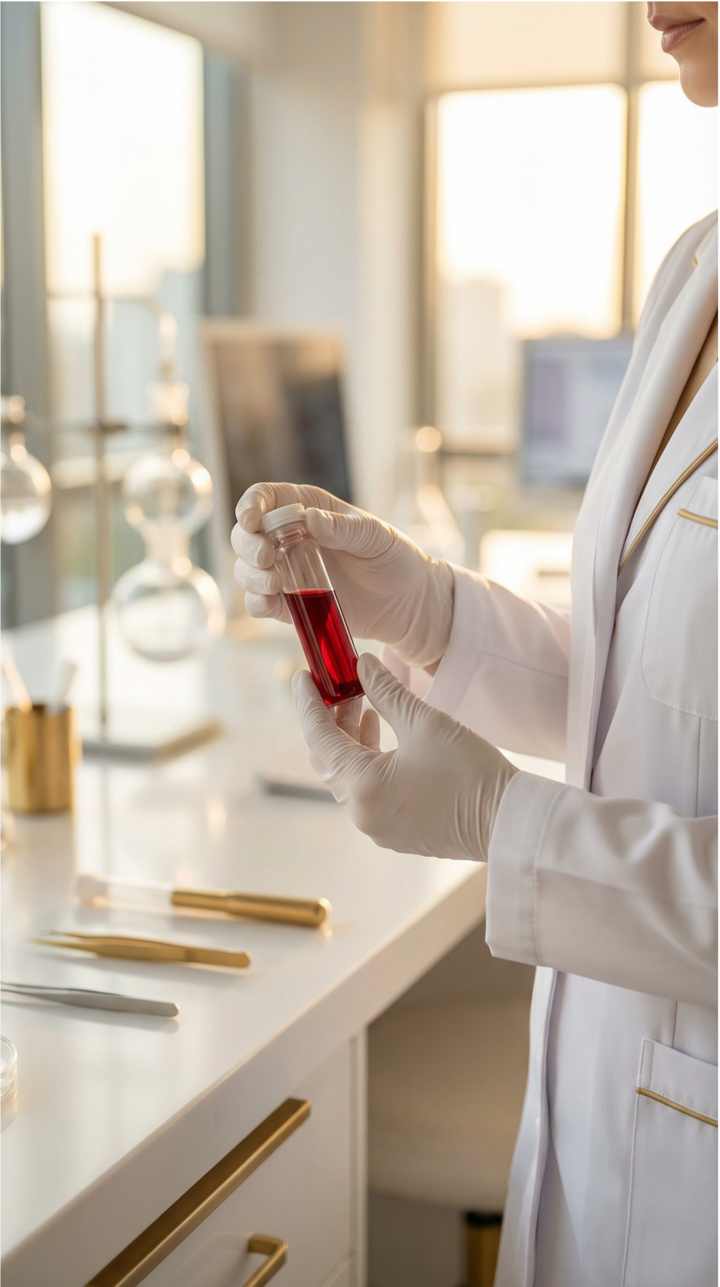 Ärztin hält Blutröhrchen in modernem Labor – personalisierte Blutanalyse und individuelle Nährstoff-Optimierung bei VitalFusionHub