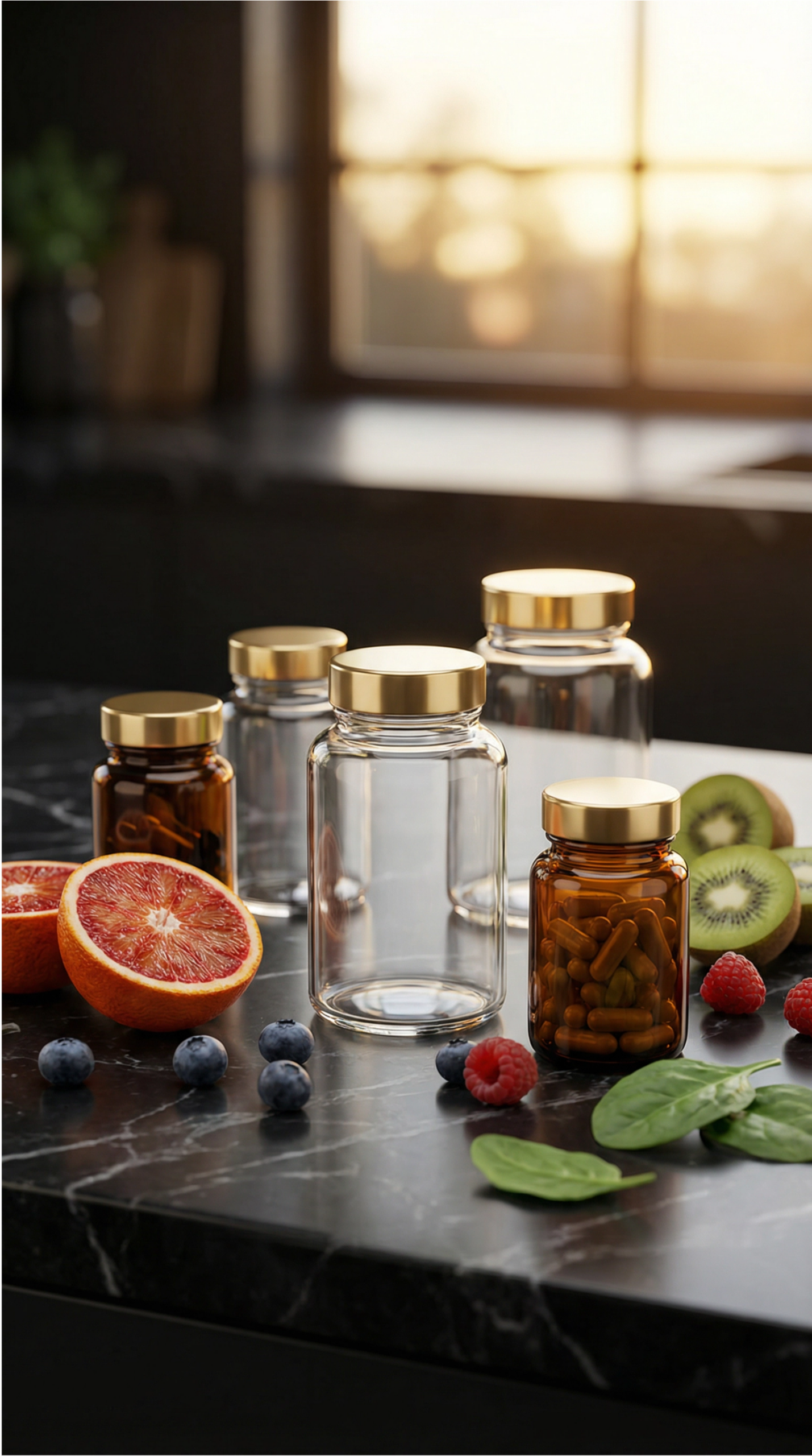 Hochwertige Nahrungsergänzungsmittel mit goldenen Deckeln und frischen Früchten auf schwarzem Marmor – Vital & Longevity bei VitalFusionHub