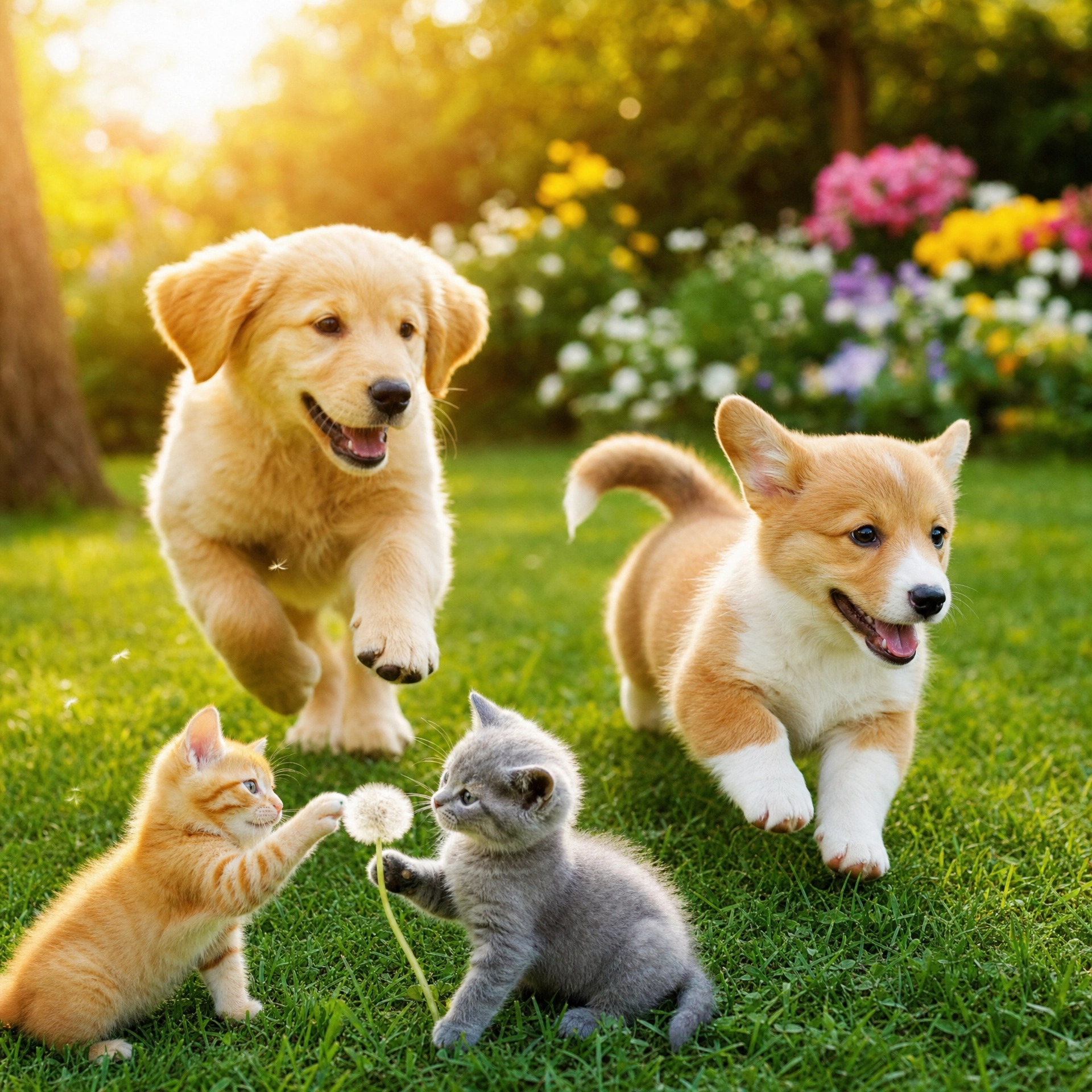 Zwei Welpen (Golden Retriever und Corgi) und zwei Kätzchen (orange und grau) spielen gemeinsam auf einer grünen Wiese im Garten mit Blumen im Hintergrund.