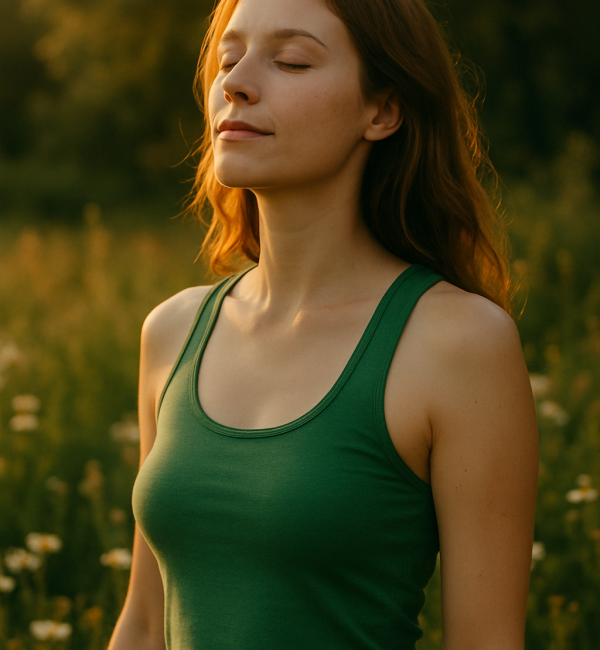 Junge Frau genießt entspannt die Natur in der Abendsonne – Symbol für Lifeplus Body Reset, natürliche Regeneration und nachhaltiges Wohlbefinden.