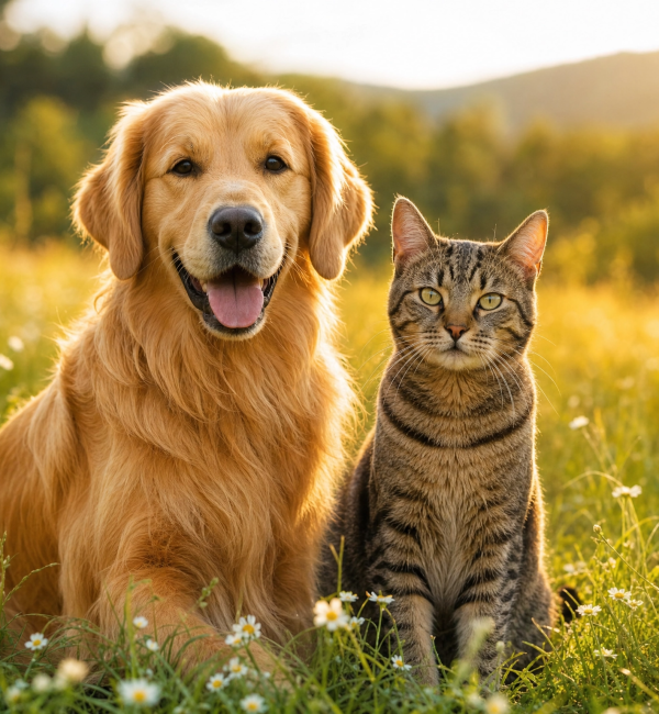 Ein Golden Retriever und eine Tabby-Katze sitzen gemeinsam auf einer sonnigen Blumenwiese mit warmem Abendlicht im Hintergrund.